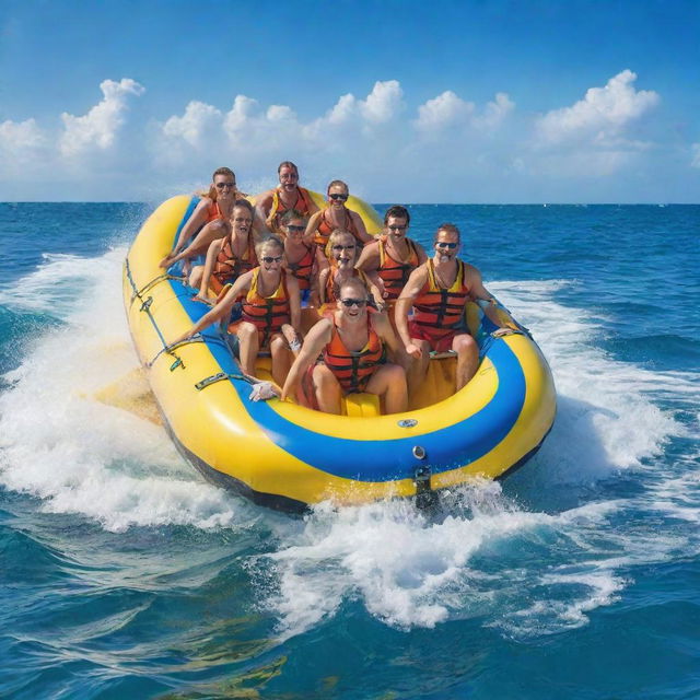 A thrilling banana boat adventure on azure waters under a bright sunny sky. Excited riders are holding tight, giggling, and screaming as the boat bounces over the waves, creating a fun and energetic atmosphere.