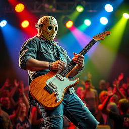 A depiction of a left-handed musician resembling the horror icon Jason Voorhees, skillfully playing an electric guitar on a stage