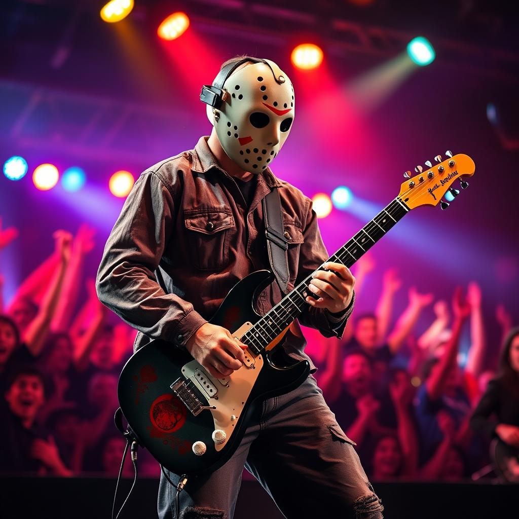 A depiction of a left-handed musician resembling the horror icon Jason Voorhees, skillfully playing an electric guitar on a stage