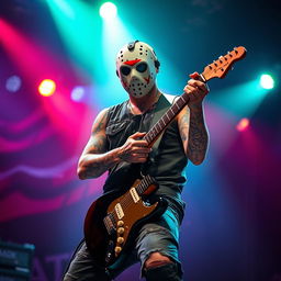 A depiction of a tattooed musician resembling the horror icon Jason Voorhees, skillfully playing a left-handed electric guitar on stage