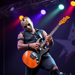 A depiction of a tattooed musician resembling the horror icon Jason Voorhees, skillfully playing a left-handed electric guitar on stage