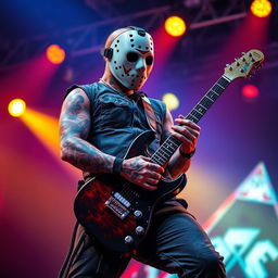 A depiction of a tattooed musician resembling the horror icon Jason Voorhees, skillfully playing a left-handed electric guitar on stage