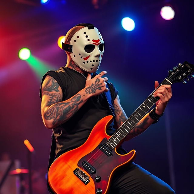 A depiction of a tattooed musician resembling the horror icon Jason Voorhees, skillfully playing a left-handed electric guitar on stage