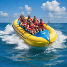 A thrilling banana boat adventure on azure waters under a bright sunny sky. Excited riders are holding tight, giggling, and screaming as the boat bounces over the waves, creating a fun and energetic atmosphere.