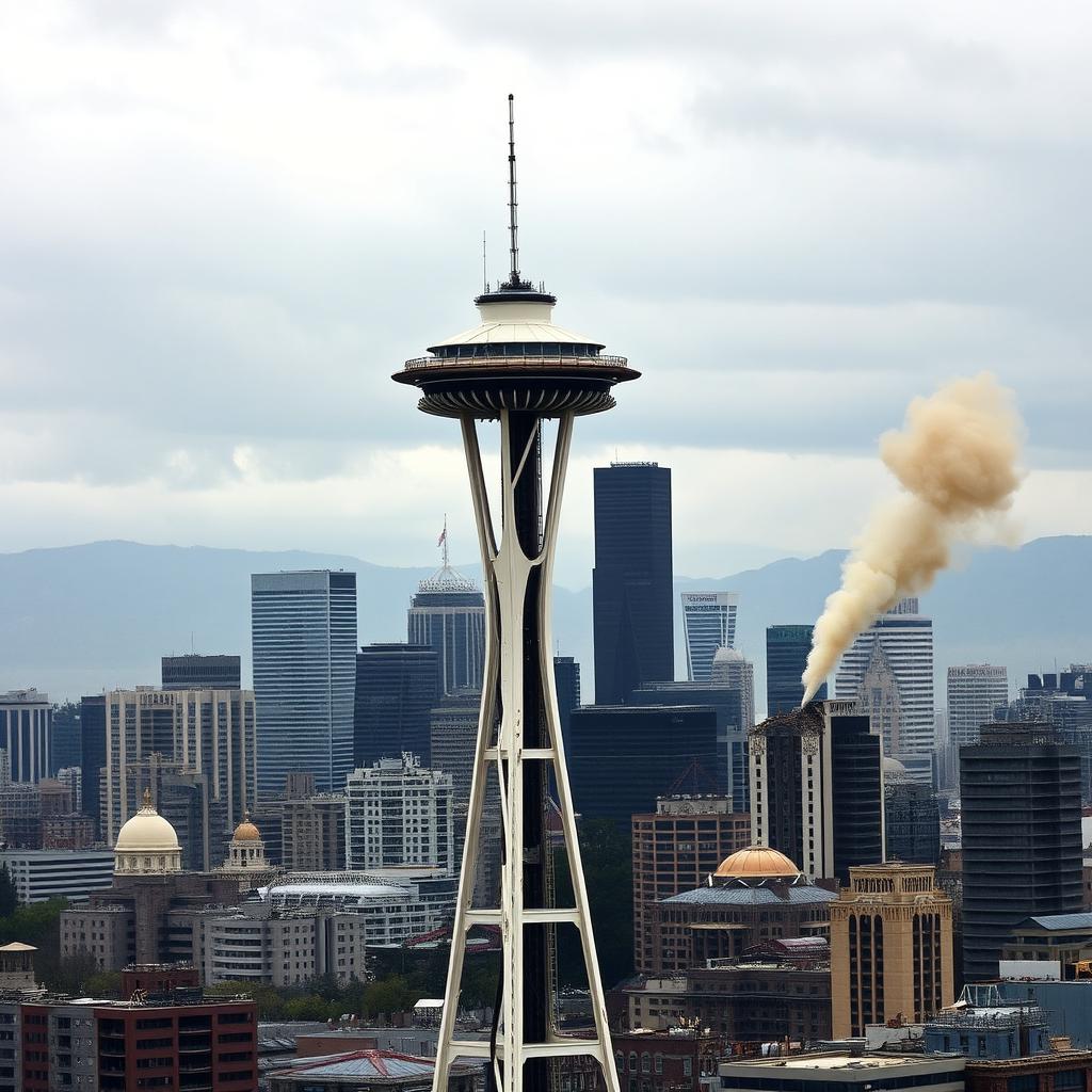 A dramatic scene of the Seattle skyline devastated by a massive earthquake