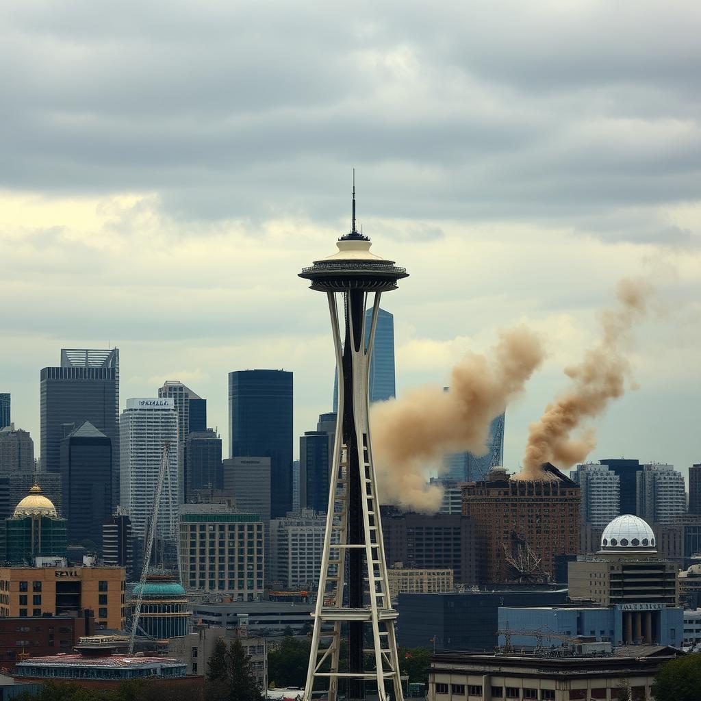 A dramatic scene of the Seattle skyline devastated by a massive earthquake