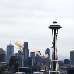 A dramatic scene of the Seattle skyline devastated by a massive earthquake