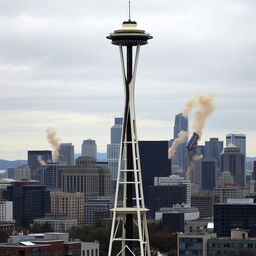 A dramatic scene of the Seattle skyline devastated by a massive earthquake