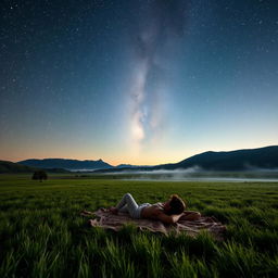 A serene night scene where a person is lying on a blanket in a picturesque open field, gazing up at the starry night sky