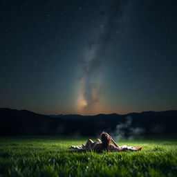 A serene night scene where a person is lying on a blanket in a picturesque open field, gazing up at the starry night sky