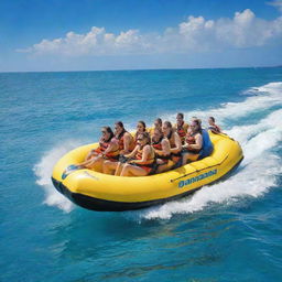 A thrilling banana boat adventure on azure waters under a bright sunny sky. Excited riders are holding tight, giggling, and screaming as the boat bounces over the waves, creating a fun and energetic atmosphere.