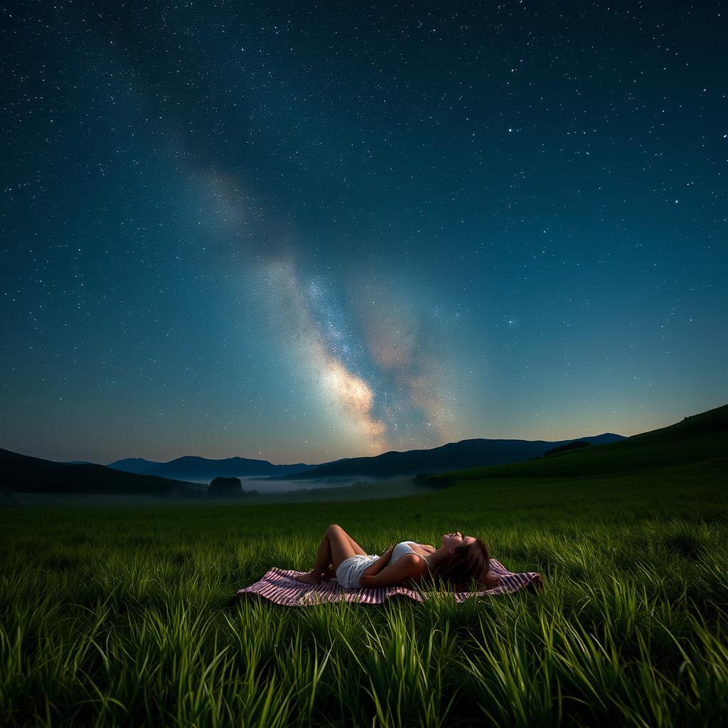 A serene night scene where a person is lying on a blanket in a picturesque open field, gazing up at the starry night sky