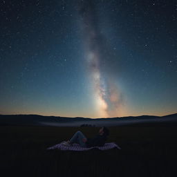 A serene night scene where a person is lying on a blanket in a picturesque open field, gazing up at the starry night sky