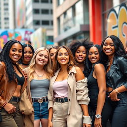 A group of trendy, stylish women posing candidly for an Instagram photo, featuring a blend of diverse ethnicities and body types