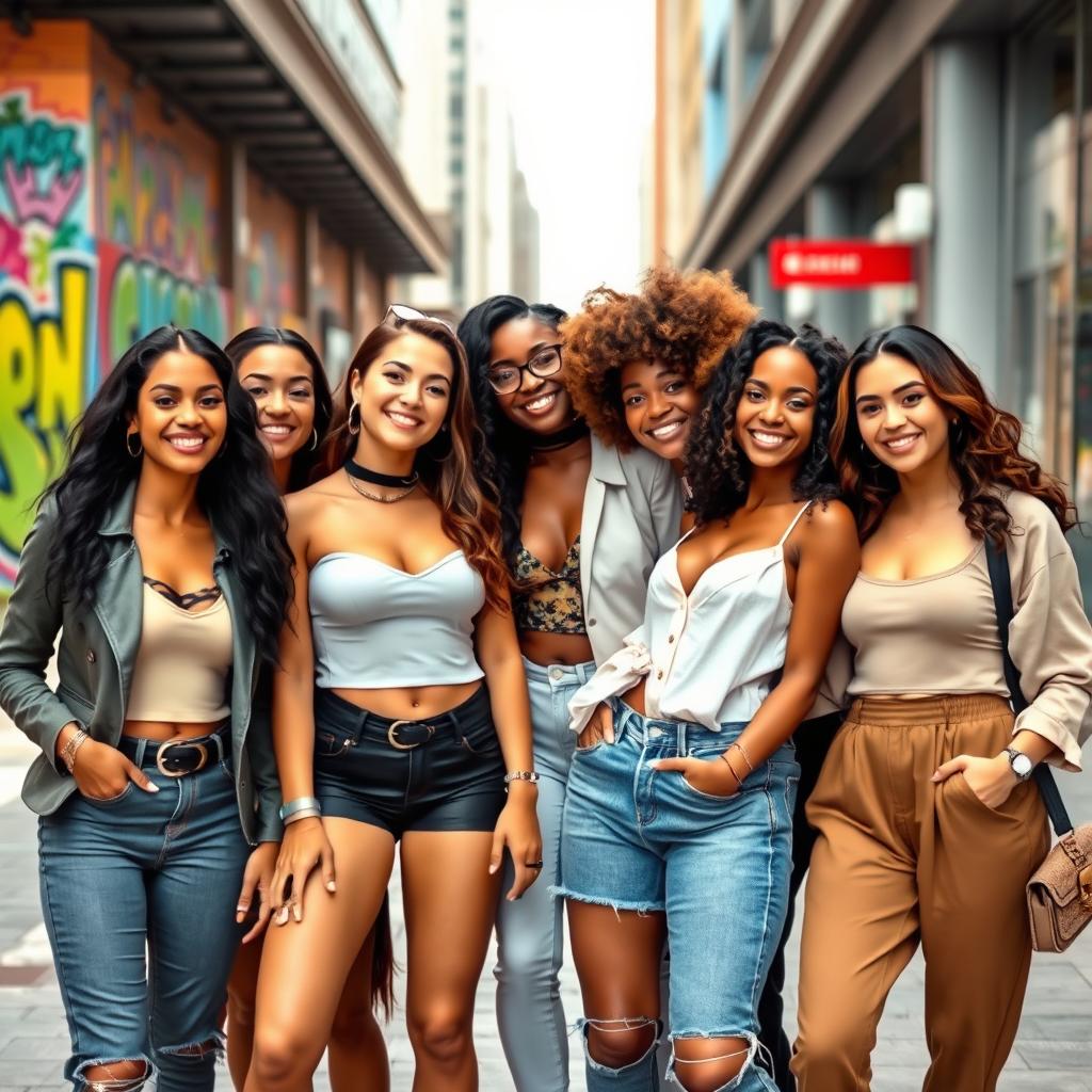 A group of trendy, stylish women posing candidly for an Instagram photo, featuring a blend of diverse ethnicities and body types