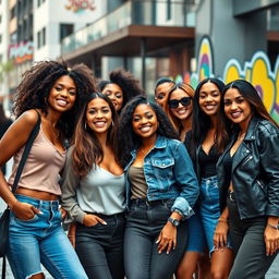 A group of trendy, stylish women posing candidly for an Instagram photo, featuring a blend of diverse ethnicities and body types