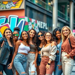 A group of trendy, stylish women posing candidly for an Instagram photo, featuring a blend of diverse ethnicities and body types