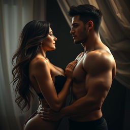 A beautiful, seductive scene featuring a passionate intimate encounter between a woman and a man, both with alluring physiques