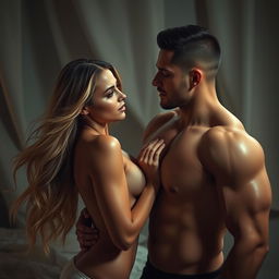 A beautiful, seductive scene featuring a passionate intimate encounter between a woman and a man, both with alluring physiques