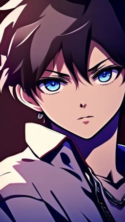 Intense close-up profile picture of an anime boy with sharp features, expressive blue eyes, and dark hair. Dramatic shadows cast across his face against a gradient dark background.