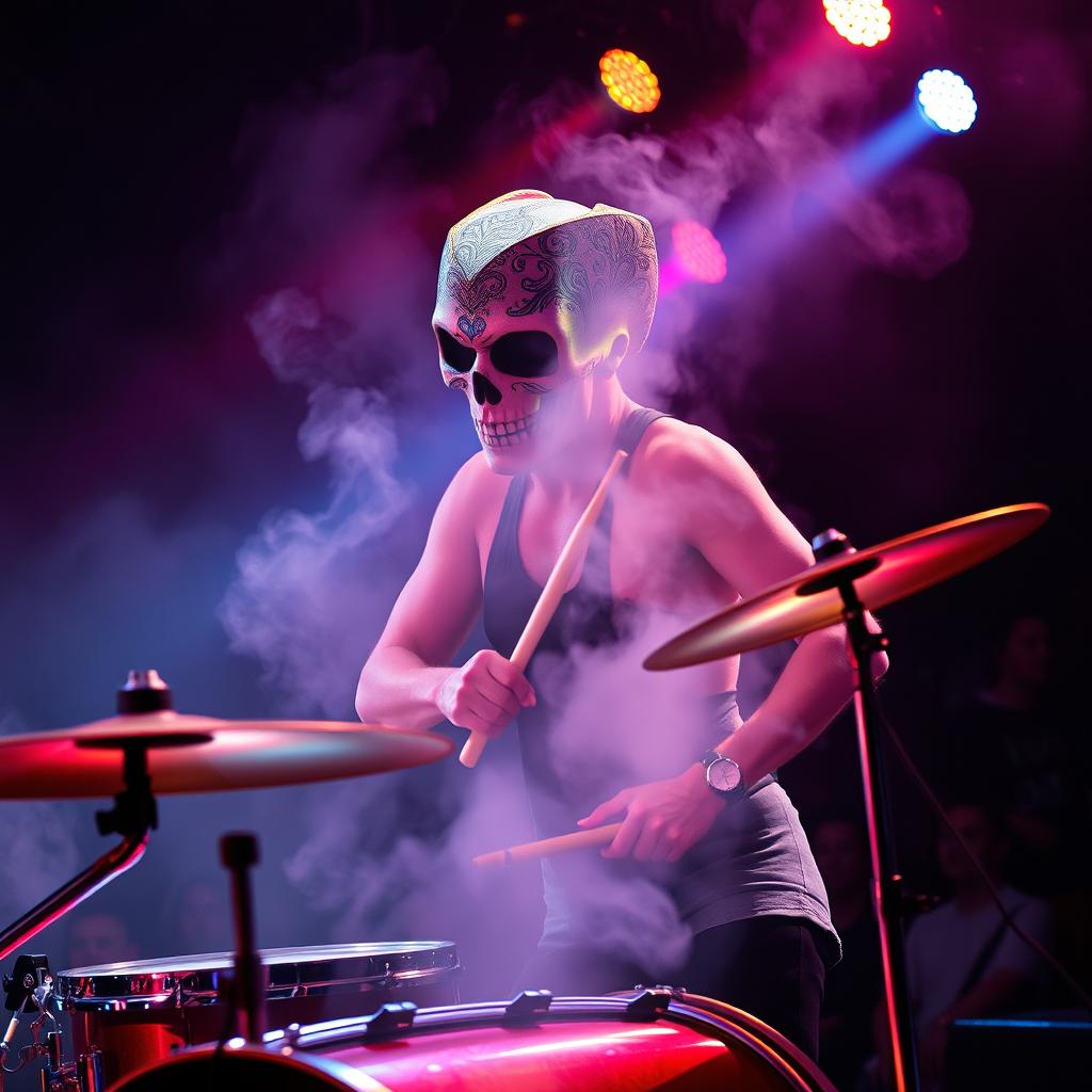 A dramatic scene capturing a man wearing an intricately designed skull mask, energetically playing the drums on stage