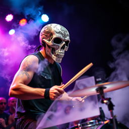 A dramatic scene capturing a man wearing an intricately designed skull mask, energetically playing the drums on stage