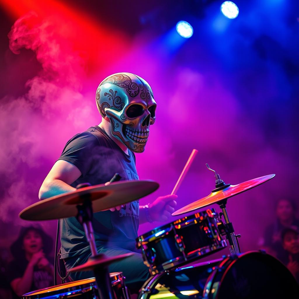 A dramatic scene capturing a man wearing an intricately designed skull mask, energetically playing the drums on stage