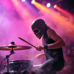 A dramatic scene capturing a man wearing an intricately designed skull mask, energetically playing the drums on stage