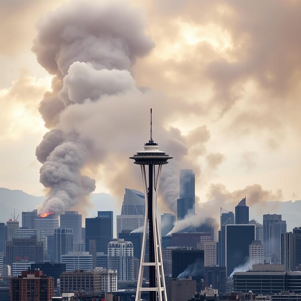 A striking image of the Seattle skyline in chaos, with many buildings destroyed