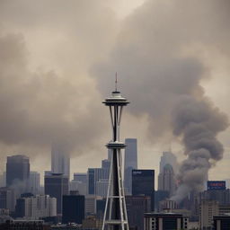 A striking image of the Seattle skyline in chaos, with many buildings destroyed