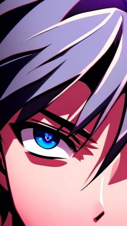 Intense close-up profile picture of an anime boy with sharp features, expressive blue eyes, and dark hair. Dramatic shadows cast across his face against a gradient dark background.