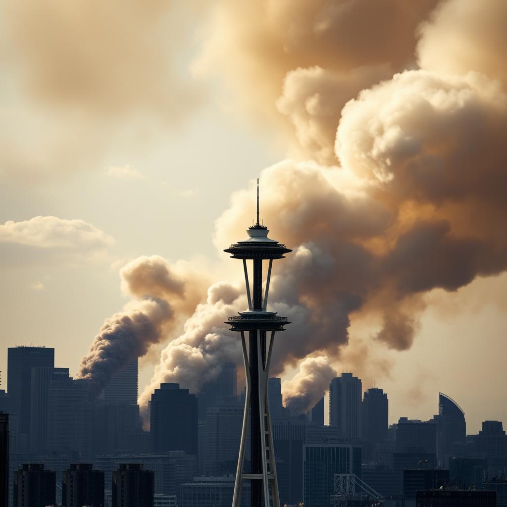 A striking image of the Seattle skyline in chaos, with many buildings destroyed