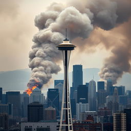 A striking image of the Seattle skyline in chaos, with many buildings destroyed