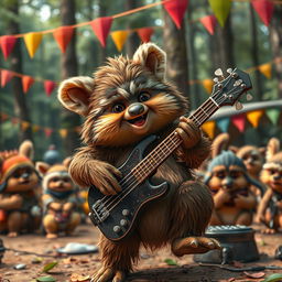 A whimsical scene featuring an Ewok from Star Wars energetically playing a bass guitar