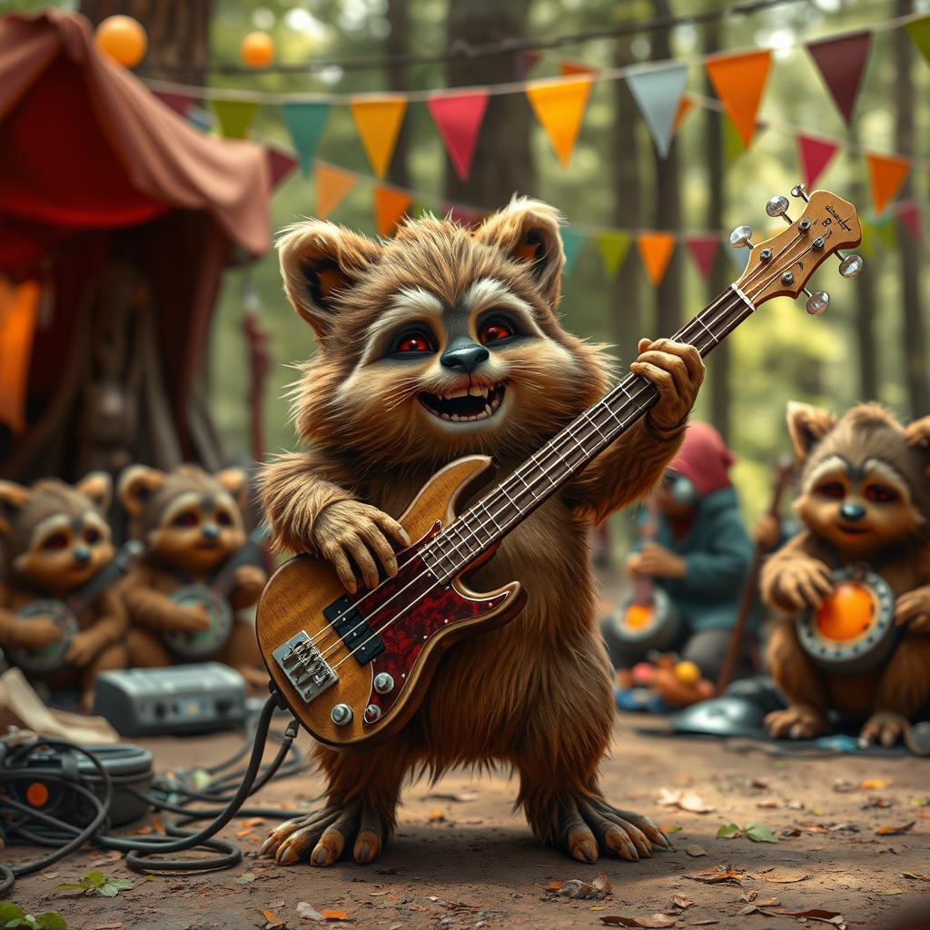 A whimsical scene featuring an Ewok from Star Wars energetically playing a bass guitar