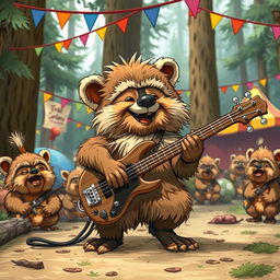 A whimsical scene featuring an Ewok from Star Wars energetically playing a bass guitar