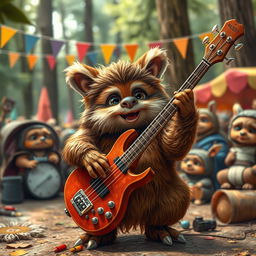 A whimsical scene featuring an Ewok from Star Wars energetically playing a bass guitar