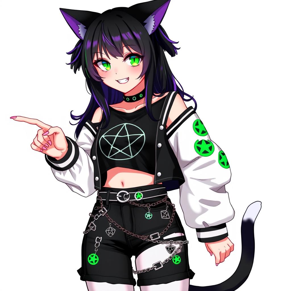 Anime style illustration of a 27-year-old girl with cat ears, two black cat tails, and black hair featuring purple highlights