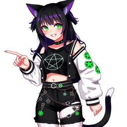 Anime style illustration of a 27-year-old girl with cat ears, two black cat tails, and black hair featuring purple highlights