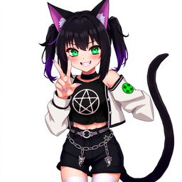 Anime style illustration of a 27-year-old girl with cat ears, two black cat tails, and black hair featuring purple highlights