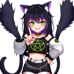 Anime style illustration of a 27-year-old girl with cat ears, two black cat tails, and black hair featuring purple highlights