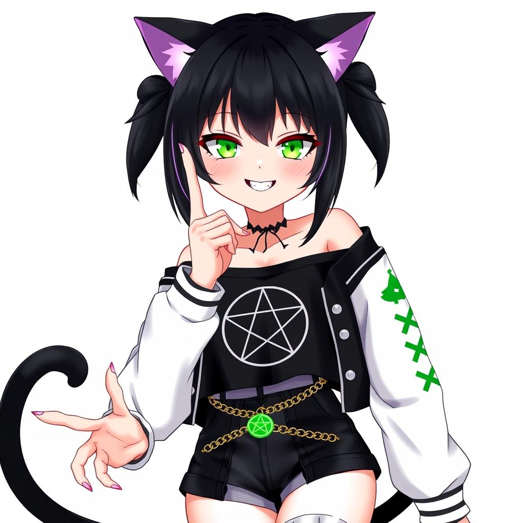 Anime style illustration of a 27-year-old girl with cat ears, two black cat tails, and black hair featuring purple highlights