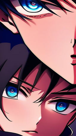 Intense close-up profile picture of an anime boy with sharp features, expressive blue eyes, and dark hair. Dramatic shadows cast across his face against a gradient dark background.