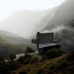 An isolated house situated high on a mist-shrouded mountain, surrounded by rugged natural beauty.