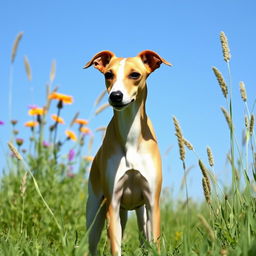 whippet dog with a sleek, streamlined body, standing gracefully in a sunny meadow