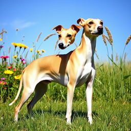 whippet dog with a sleek, streamlined body, standing gracefully in a sunny meadow