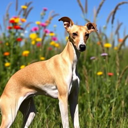 whippet dog with a sleek, streamlined body, standing gracefully in a sunny meadow