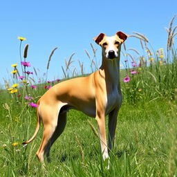 whippet dog with a sleek, streamlined body, standing gracefully in a sunny meadow