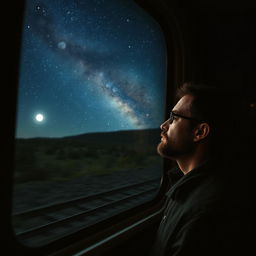 A contemplative man gazing at the starry night sky from inside a moving train