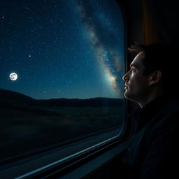 A contemplative man gazing at the starry night sky from inside a moving train